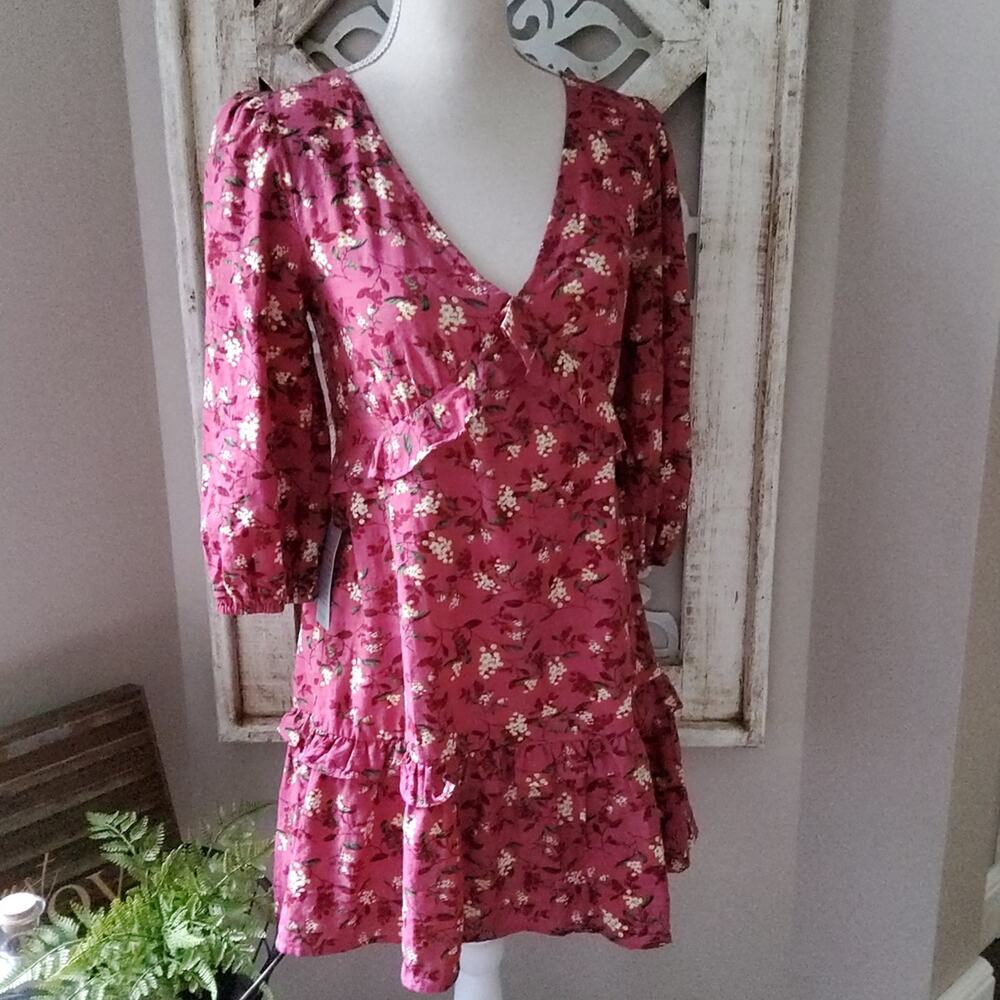Lush Magenta Floral Ruffle Open Back Tie Cotton Mini Dress XS Coquette Romantic